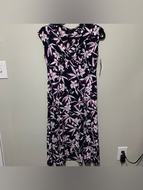 Chaps Navy Purple and White Floral Midi Dress